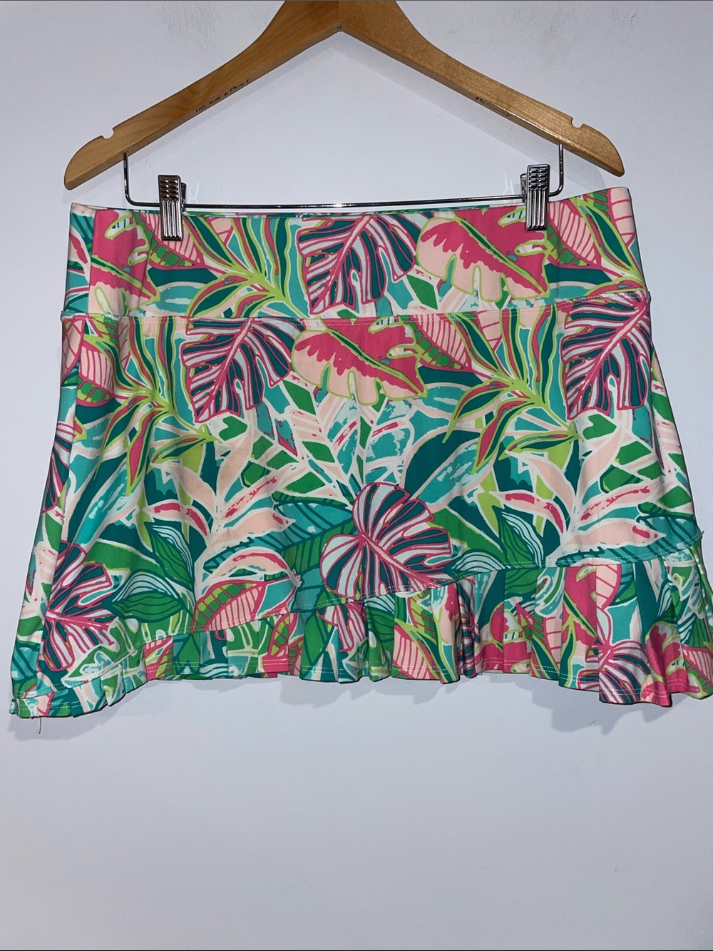 Sigrid Olsen Tropical Leaf Ruffle Skort - Green & Pink XL